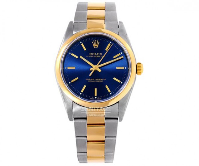 Rolex 14203 Yellow Gold & Steel on Oyster, Smooth Bezel Blue with Gold Index